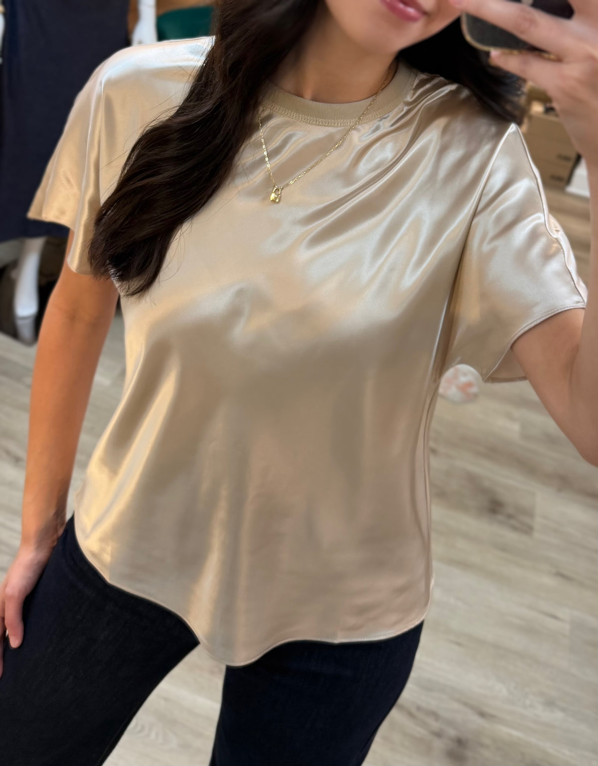 LIGHT TAUPE SATIN CREWNECK SHORT DOLMAN SLEEVE TOP
