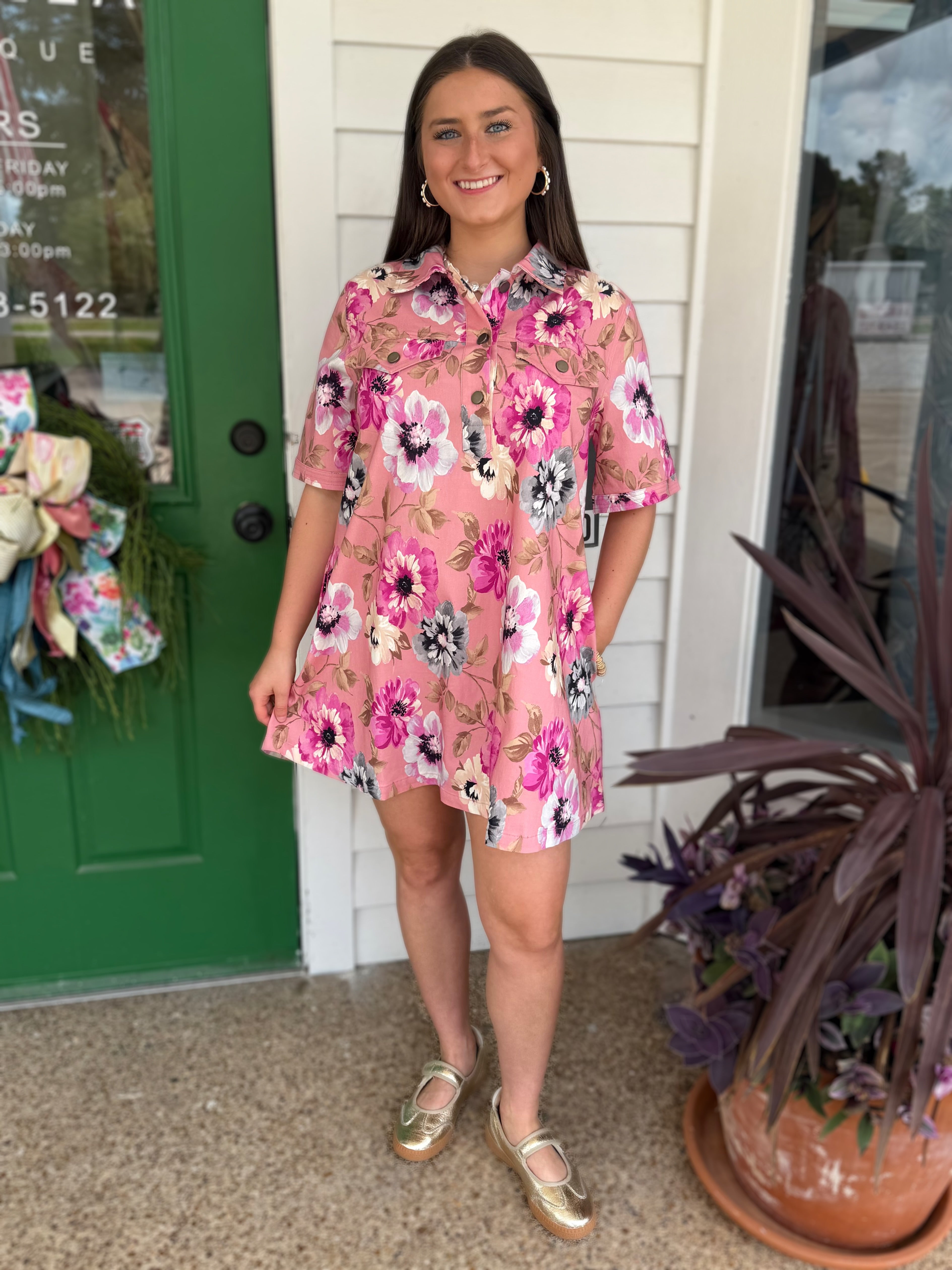 PINK MULTI FLORAL PRINT COLLARED A-LINE SHIRT MINI DRESS