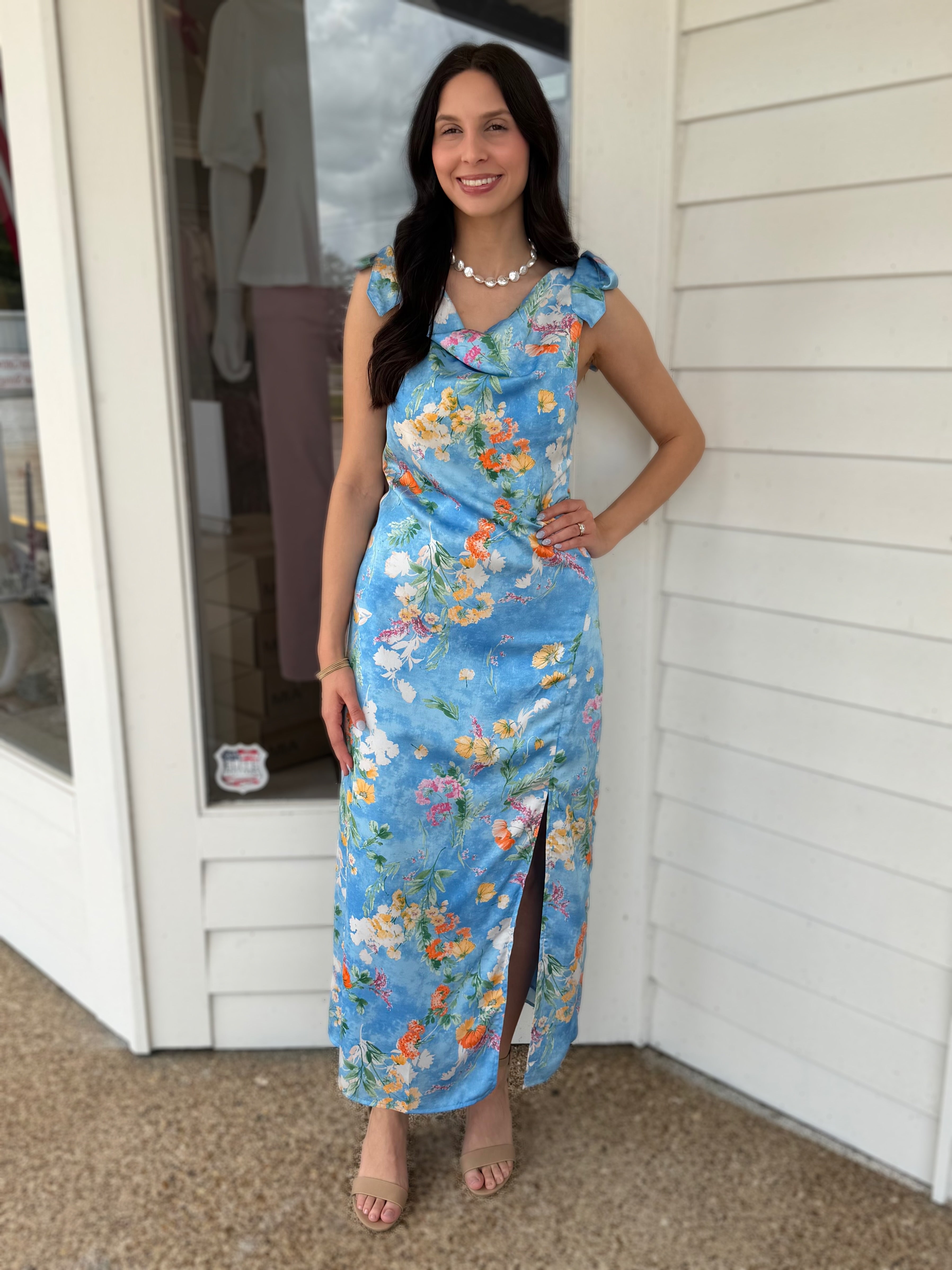 BLUE MULTI FLORAL PRINT COWL NECK SLEEVLESS TIE SHOULDER SATIN MIDI DRESS