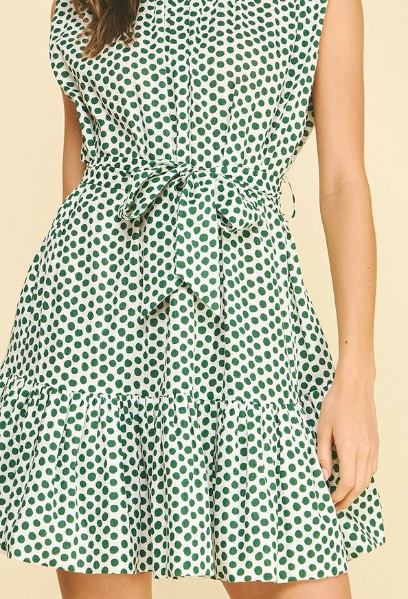 KELLY GREEN & WHITE POLKA DOT TIERED MINI DRESS