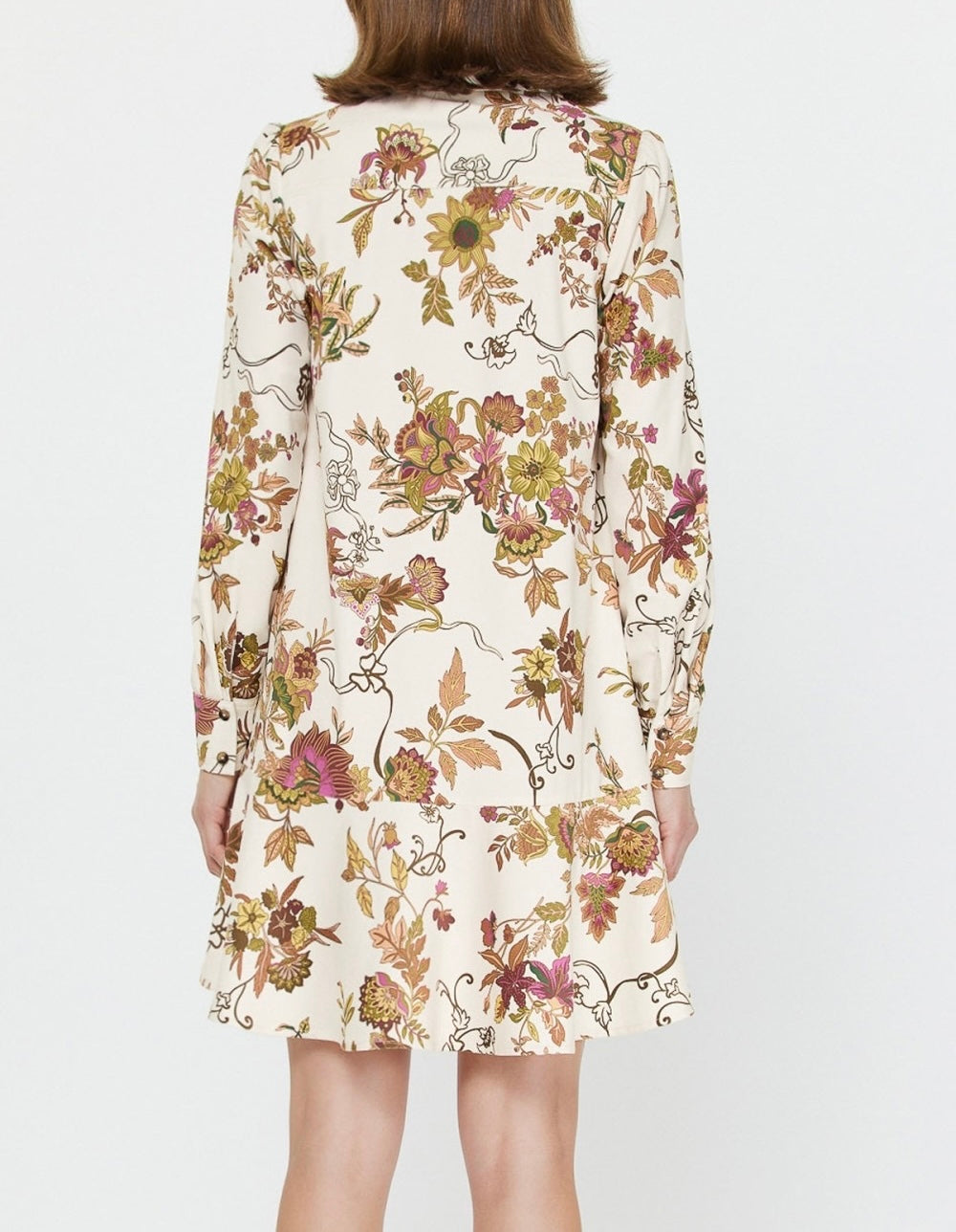 MAUVE MULTI FLORAL PRINT HALF BUTTON LONG SLEEVE FINE WALE CORDUROY MINI DRESS