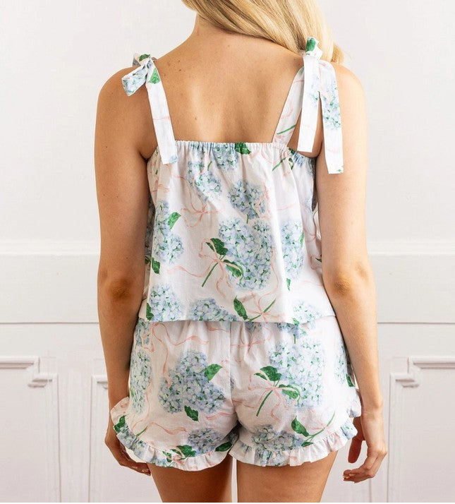 HYDRANGEA RIBBONS TIE TOP RUFFLE SHORT PAJAMA SET