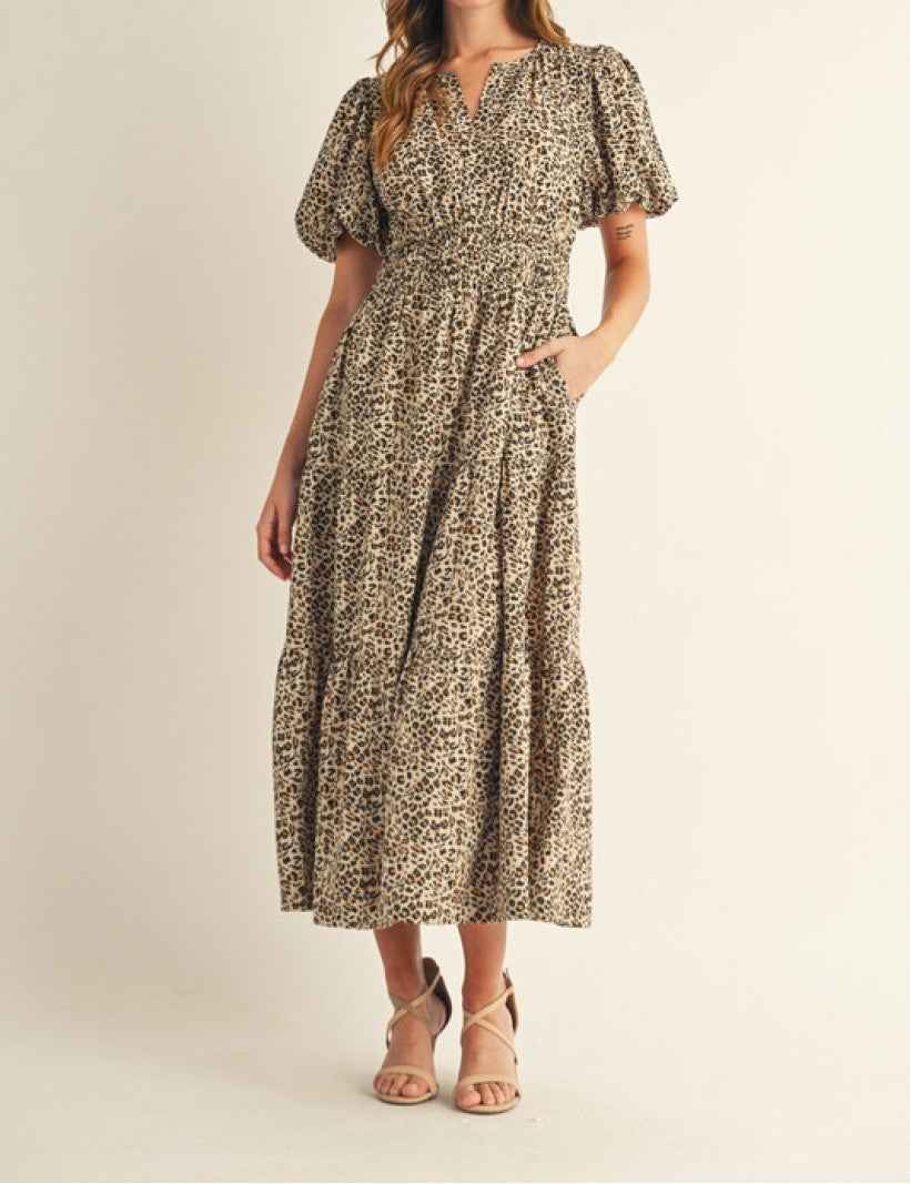 LEOPARD PRINT SMOCK WAIST TIERED MIDI DRESS