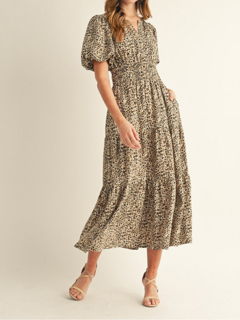 LEOPARD PRINT SMOCK WAIST TIERED MIDI DRESS