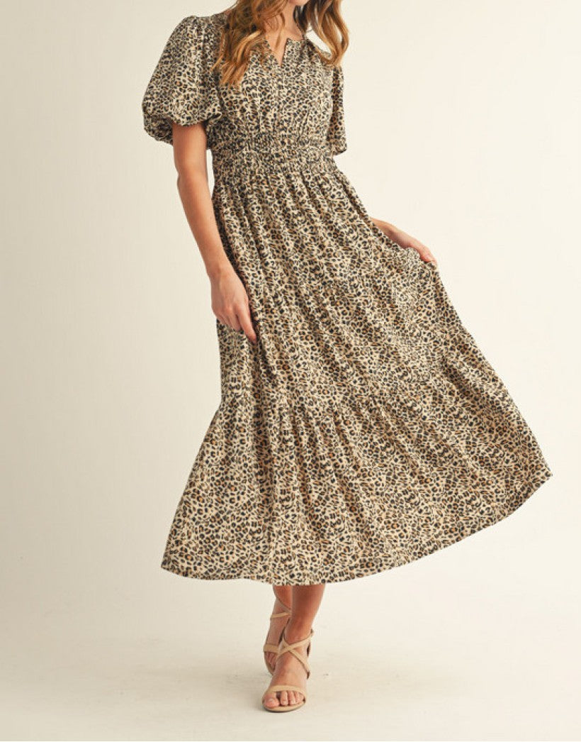 LEOPARD PRINT SMOCK WAIST TIERED MIDI DRESS