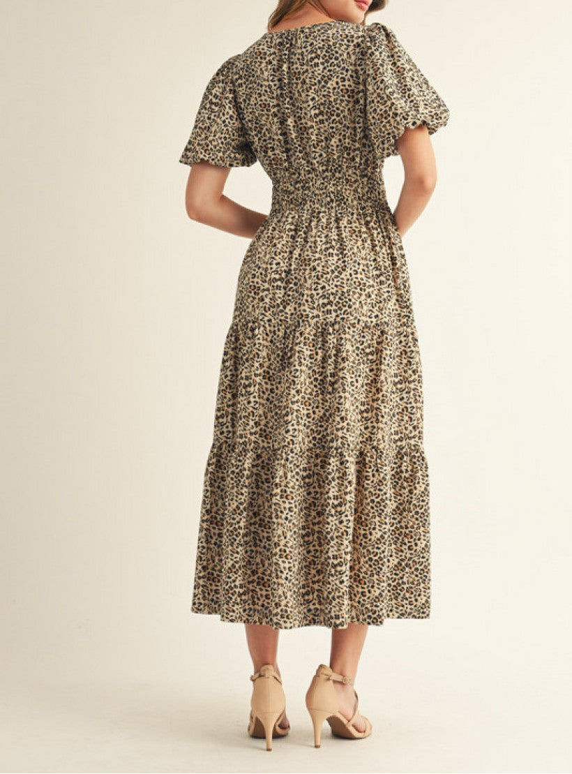 LEOPARD PRINT SMOCK WAIST TIERED MIDI DRESS
