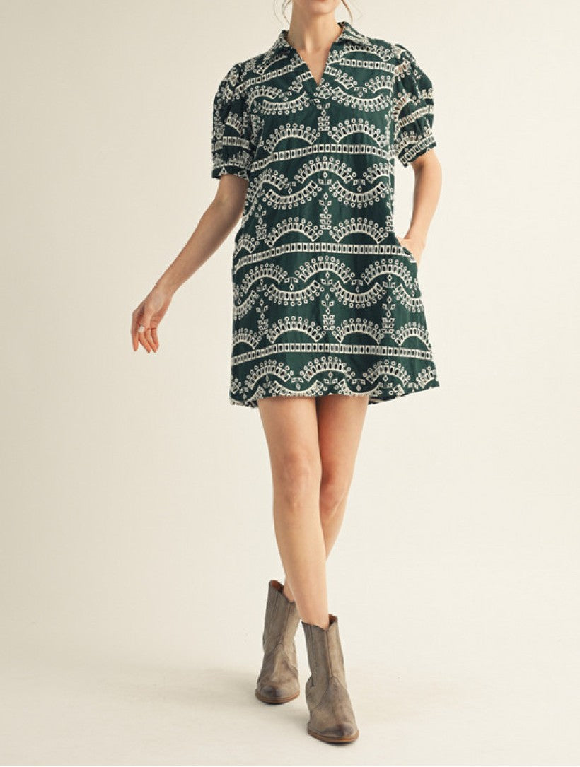 HUNTER GREEN EMBROIDERED GEOMETRIC PRINT PUFF SLEEVE MINI DRESS
