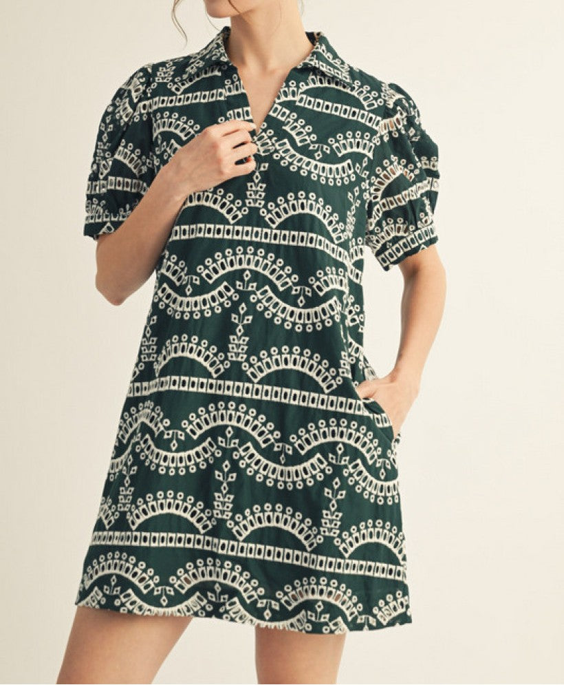 HUNTER GREEN EMBROIDERED GEOMETRIC PRINT PUFF SLEEVE MINI DRESS