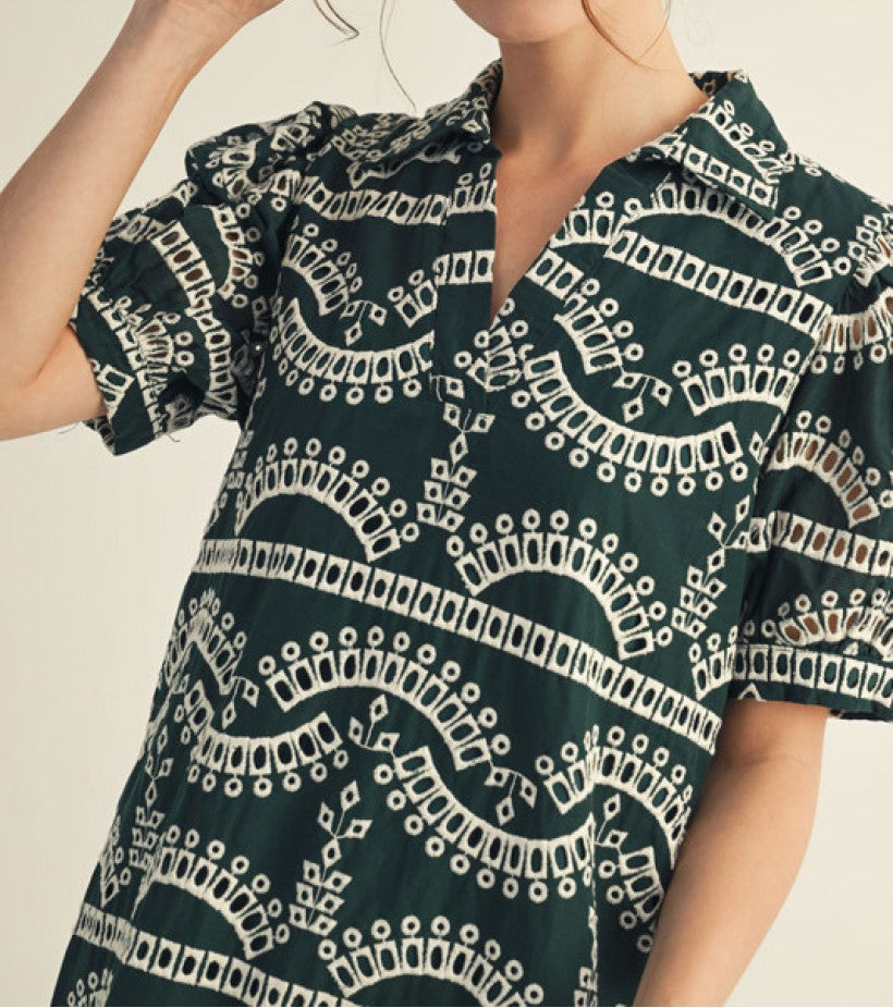 HUNTER GREEN EMBROIDERED GEOMETRIC PRINT PUFF SLEEVE MINI DRESS