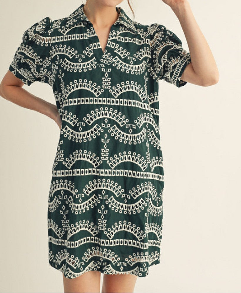 HUNTER GREEN EMBROIDERED GEOMETRIC PRINT PUFF SLEEVE MINI DRESS
