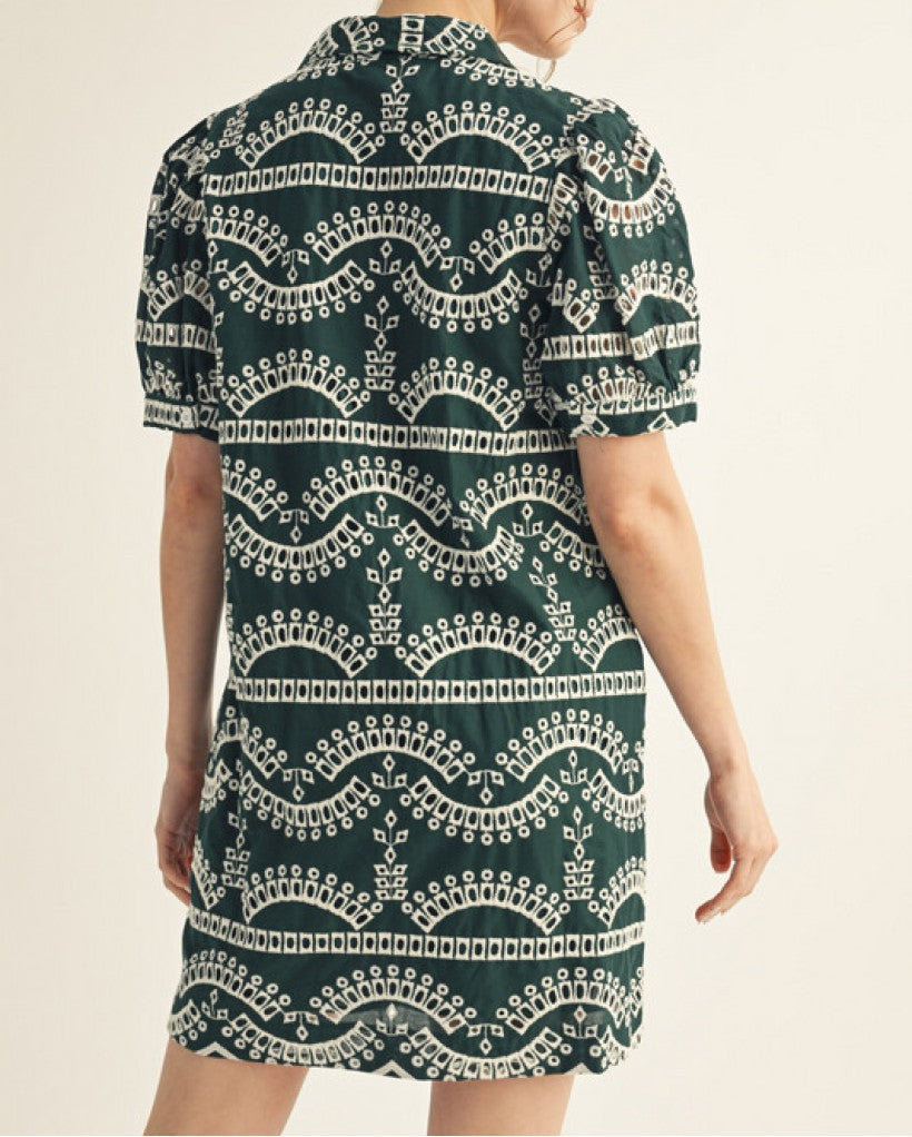 HUNTER GREEN EMBROIDERED GEOMETRIC PRINT PUFF SLEEVE MINI DRESS