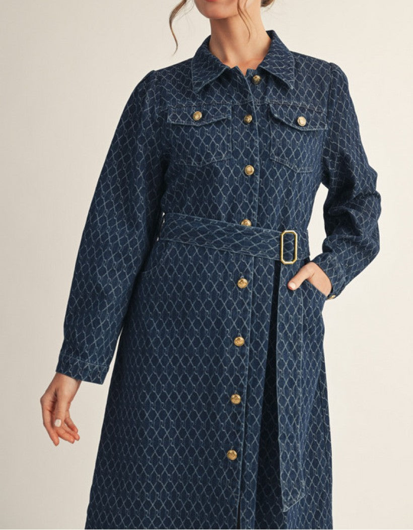 INDIGO DENIM GEOGRAPHIC PRINT BUTTON UP BELTED MIDI DRESS