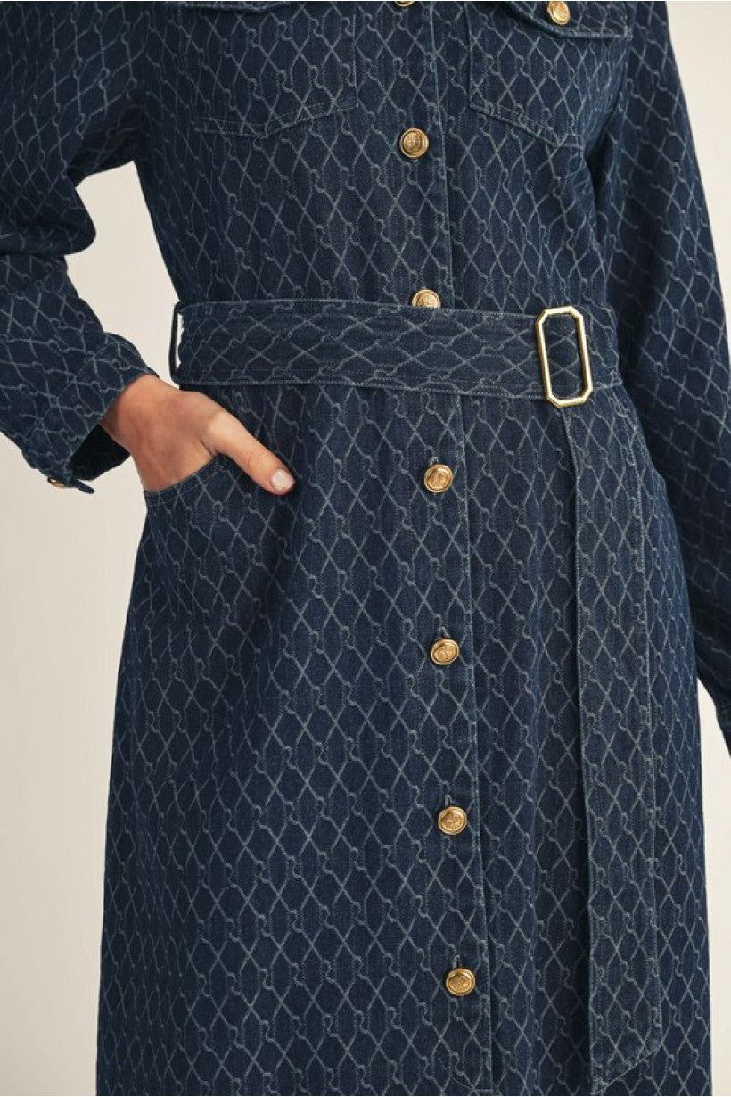 INDIGO DENIM GEOGRAPHIC PRINT BUTTON UP BELTED MIDI DRESS