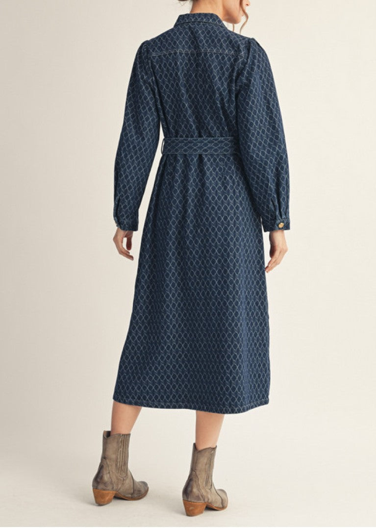 INDIGO DENIM GEOGRAPHIC PRINT BUTTON UP BELTED MIDI DRESS