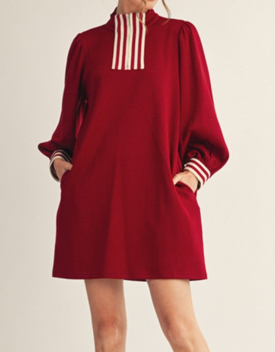 BURGUNDY STRIPE CONTRAST DETAILING FRONT ZIP LONG PUFF SLEEVE MINI DRESS
