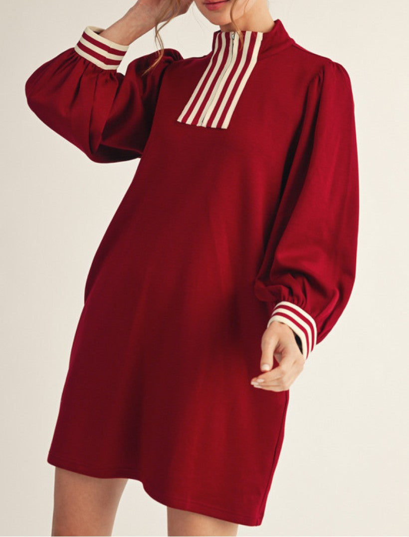 BURGUNDY STRIPE CONTRAST DETAILING FRONT ZIP LONG PUFF SLEEVE MINI DRESS