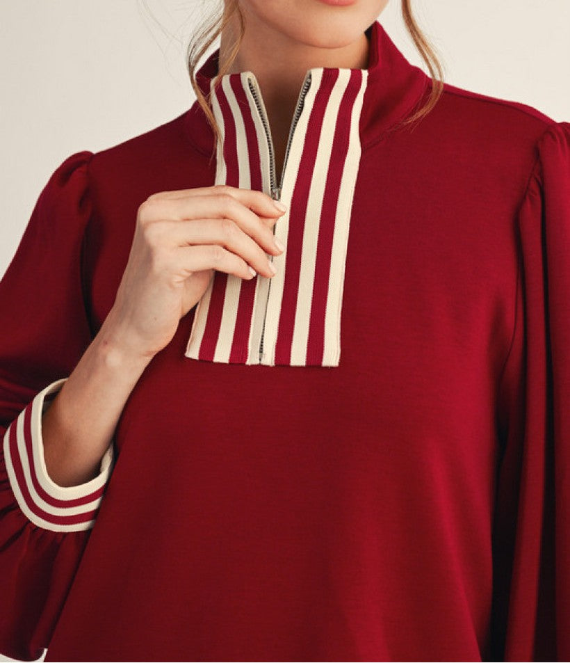 BURGUNDY STRIPE CONTRAST DETAILING FRONT ZIP LONG PUFF SLEEVE MINI DRESS