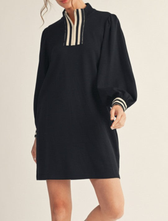 BLACK STRIPE CONTRAST DETAILING FRONT ZIP LONG PUFF SLEEVE MINI DRESS