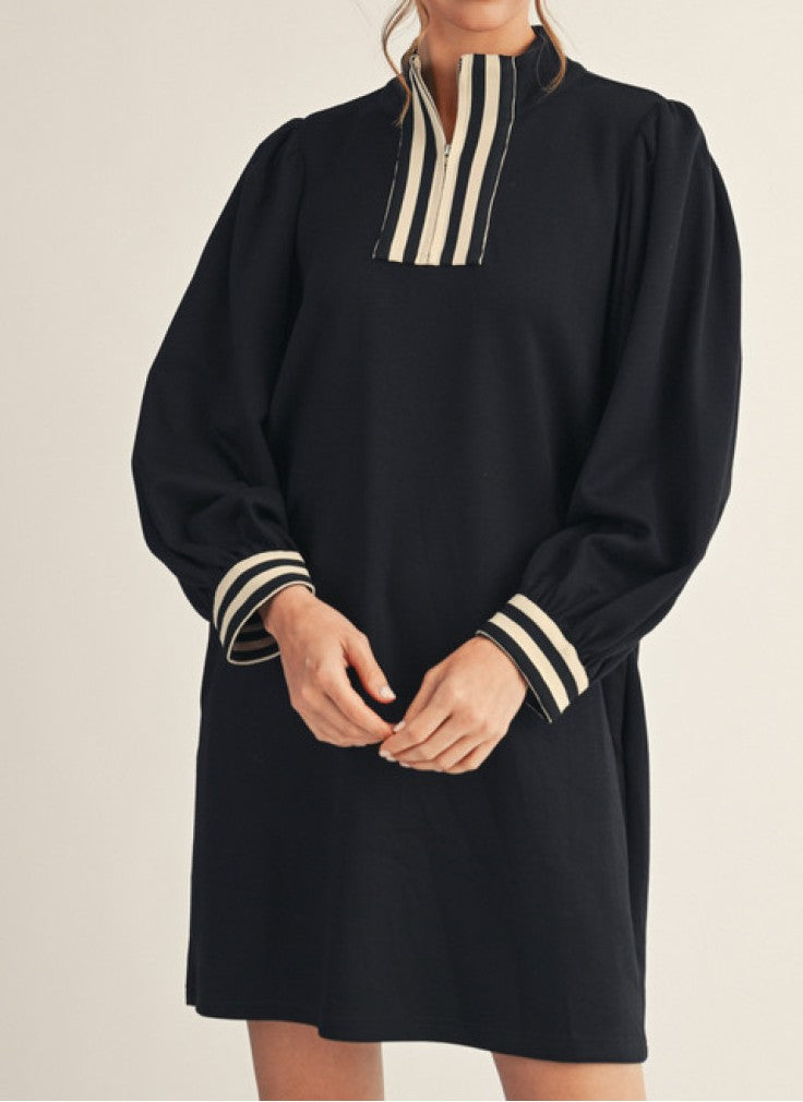 BLACK STRIPE CONTRAST DETAILING FRONT ZIP LONG PUFF SLEEVE MINI DRESS