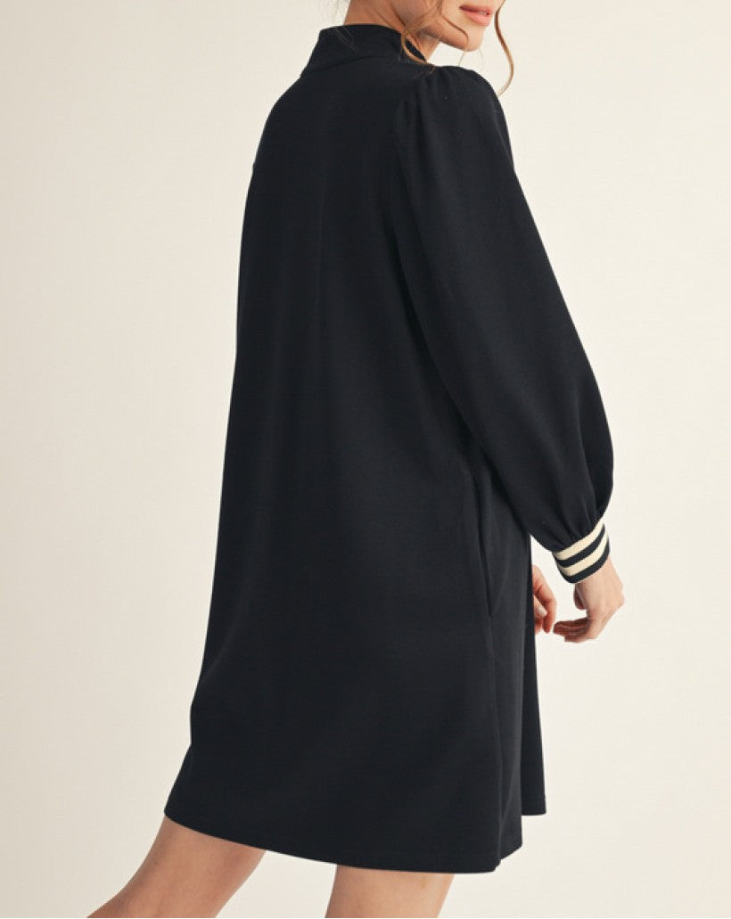 BLACK STRIPE CONTRAST DETAILING FRONT ZIP LONG PUFF SLEEVE MINI DRESS