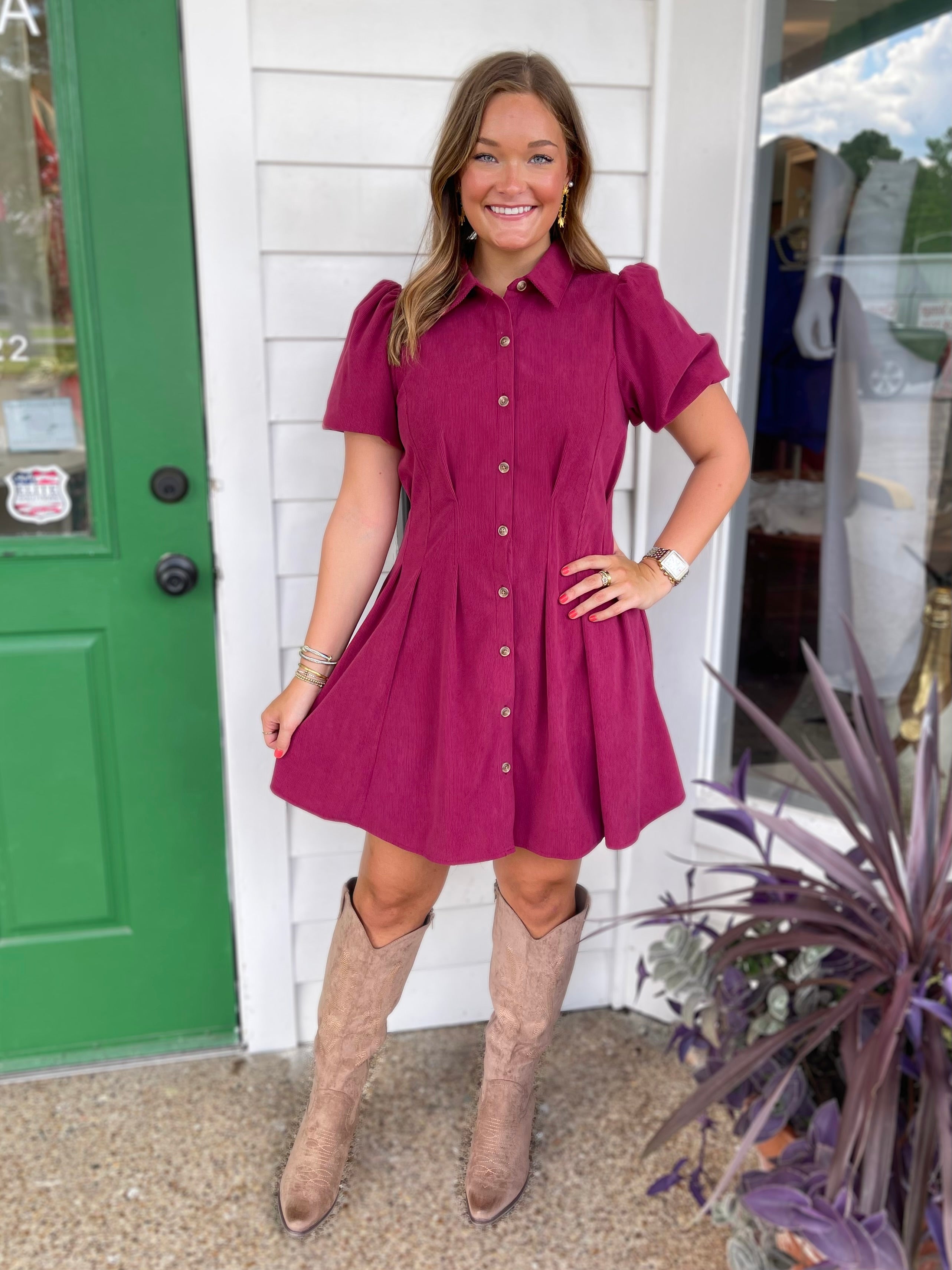 RED PLUM CORDUROY BUTTON UP PLEATED WAIST RORY MINI DRESS