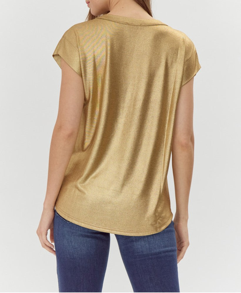 GOLD METALLIC KNIT SHORT DROP SHOULDER TOP