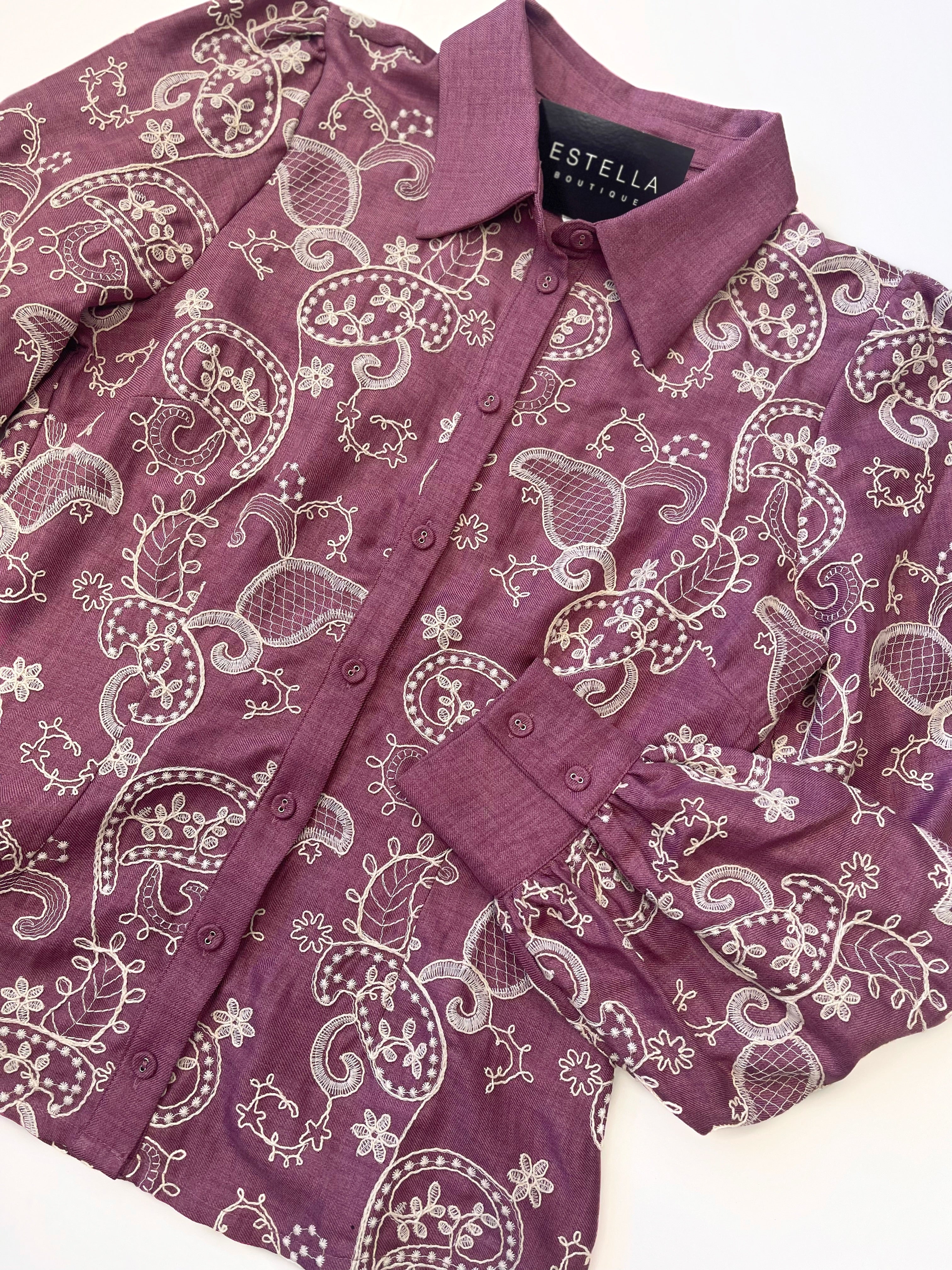 MAUVE/CREAM EMBROIDERED COLLARED BUTTON UP LONG SLEEVE TOP