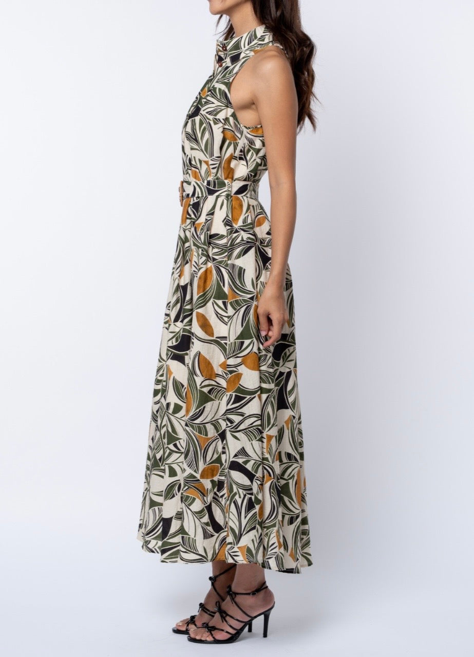 CREAM MULTI ABSTRACT LEAF PRINT HALTER SHIRT HATTIE MAXI DRESS