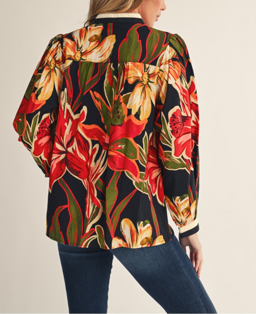 BLACK MIX FLORAL PRINT STANDING COLLAR LONG SLEEVE TOP