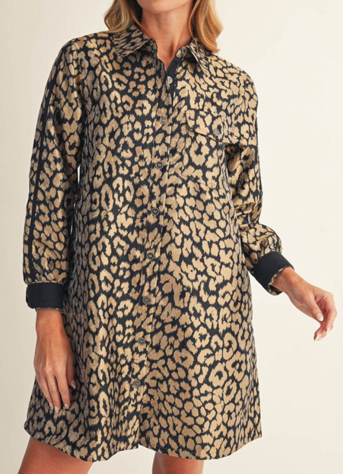 LEOPARD PRINT LONG SLEEVE BUTTON DOWN MINI SHIRTDRESS