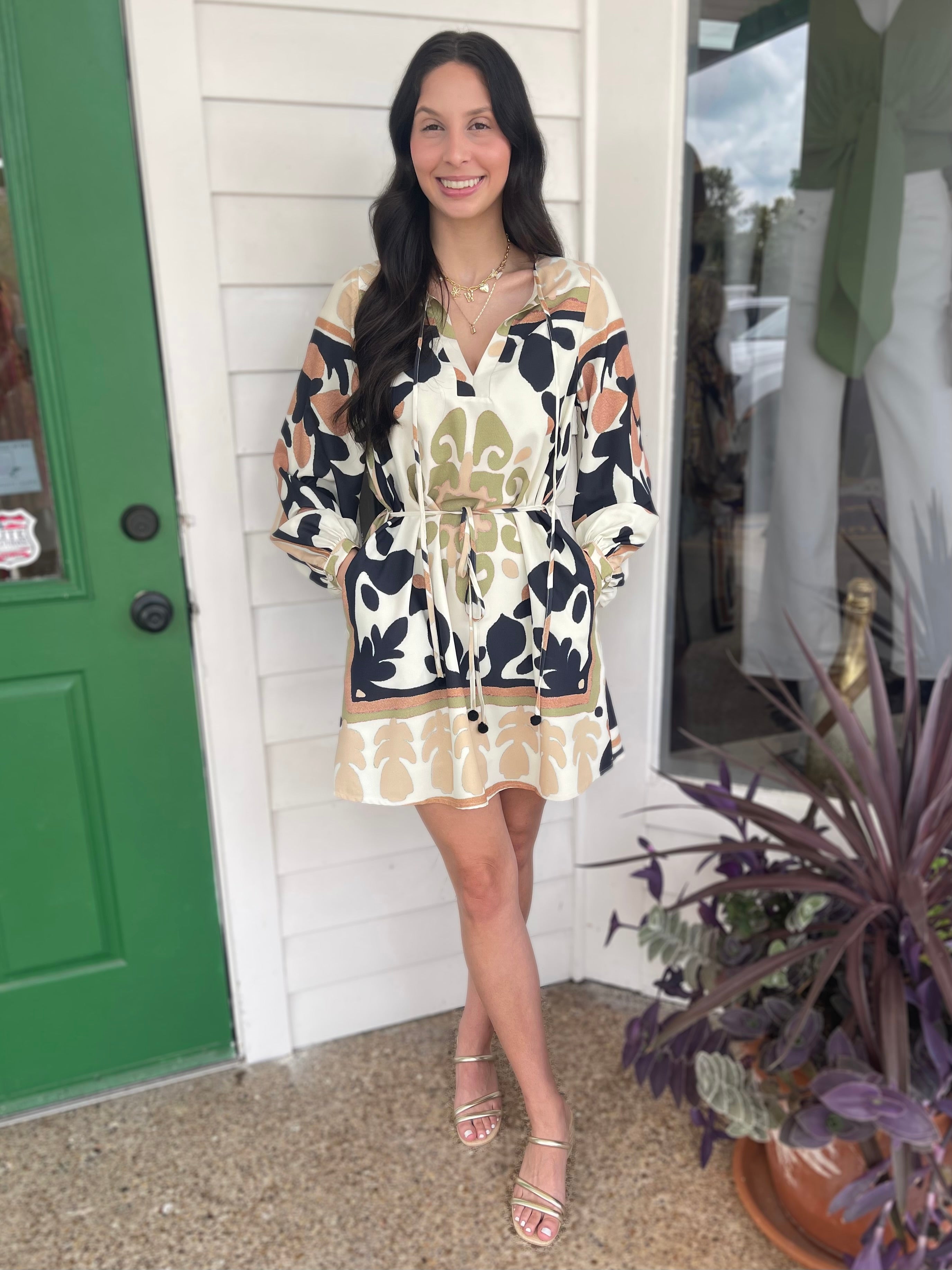 BROWN MULTI PRINTED JEINNY MINI HOUSE DRESS