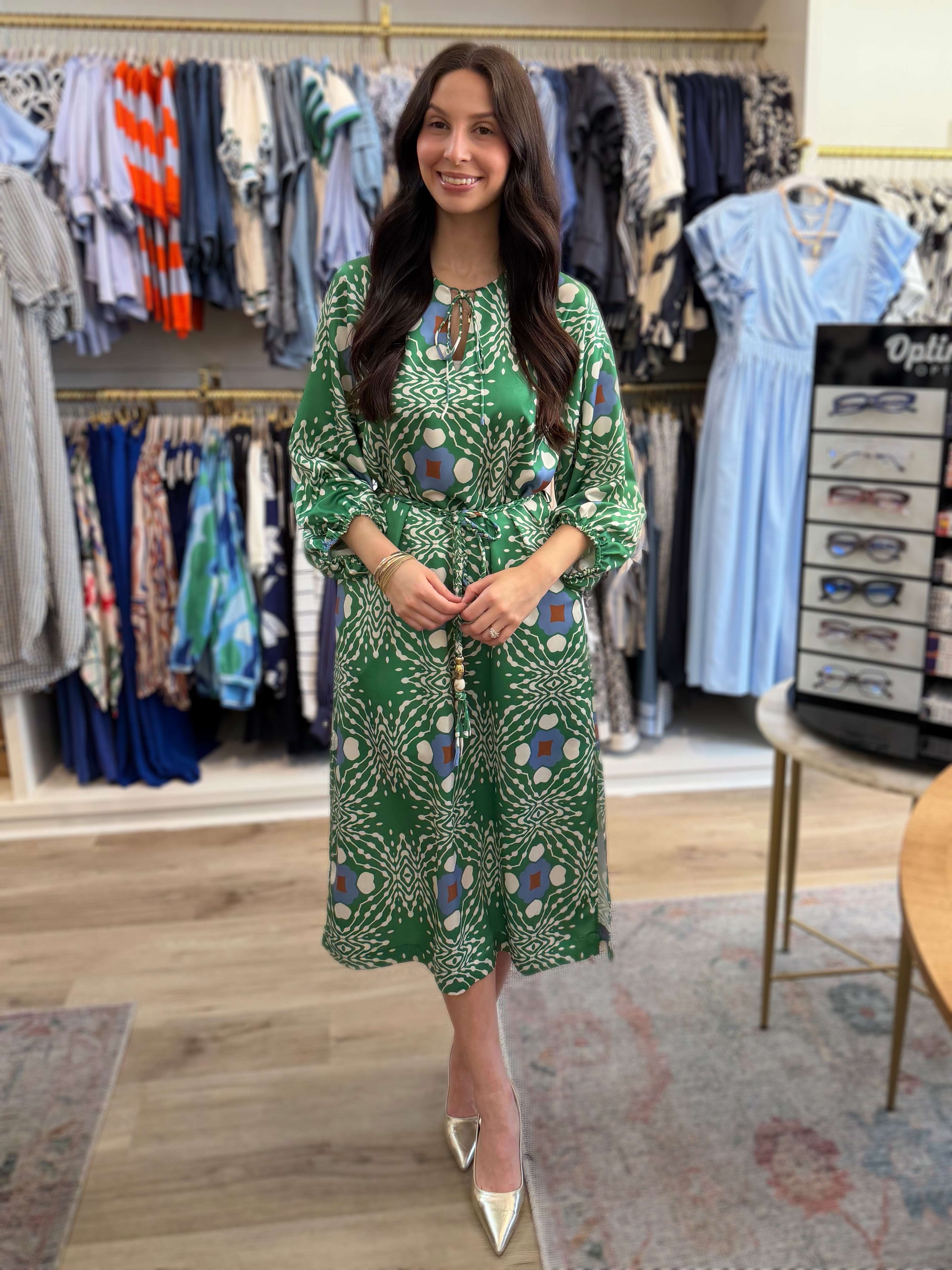 GREEN MULTI GEO PRINT JARDIN MIDI DRESS