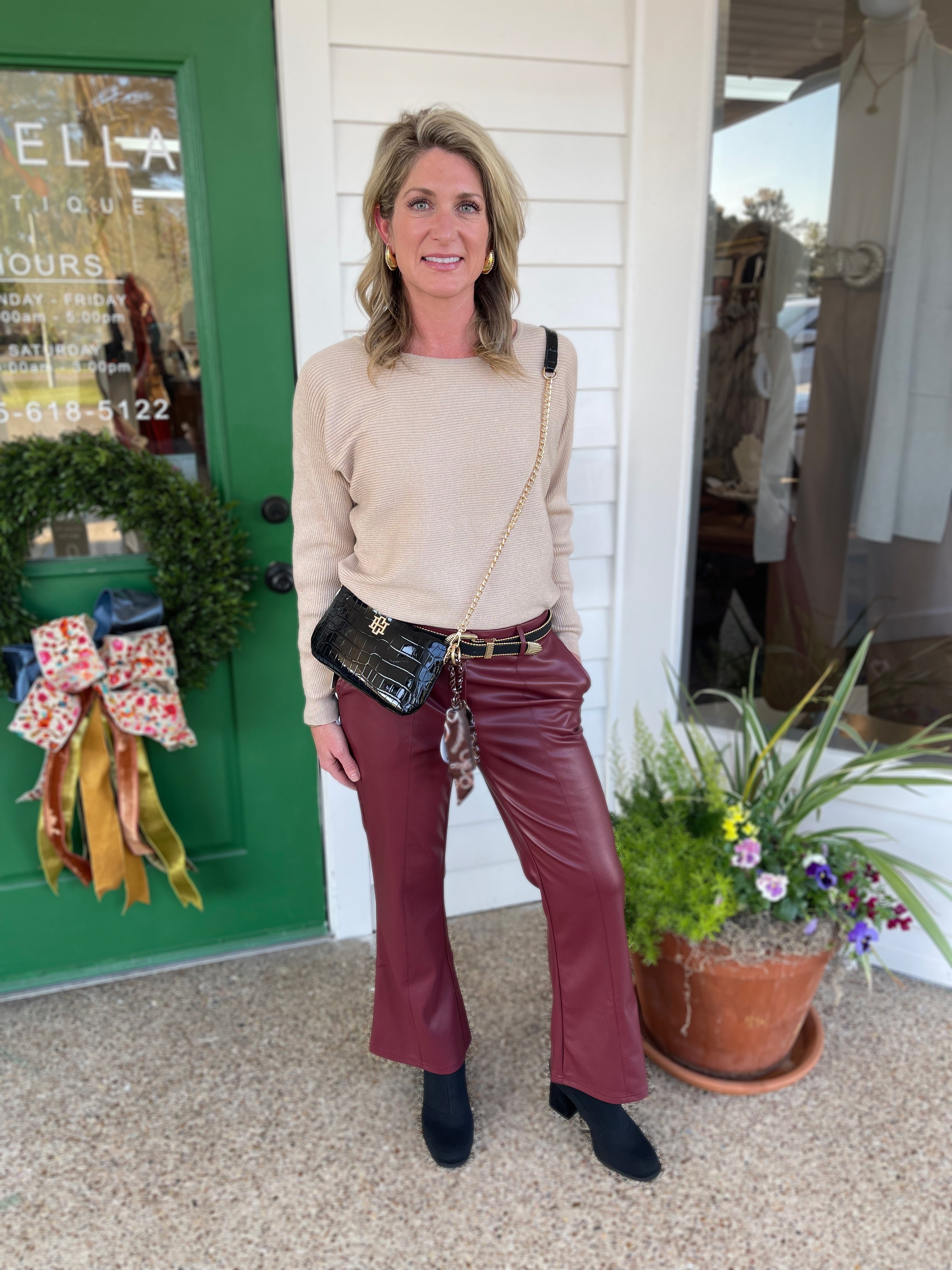 WINE FAUX LEATHER PINTUCK FLARE PANTS
