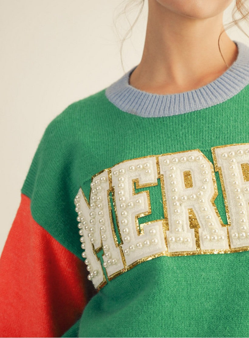 COLOR BLOCK PEARL "MERRY" LONG SLEEVE SWEATER
