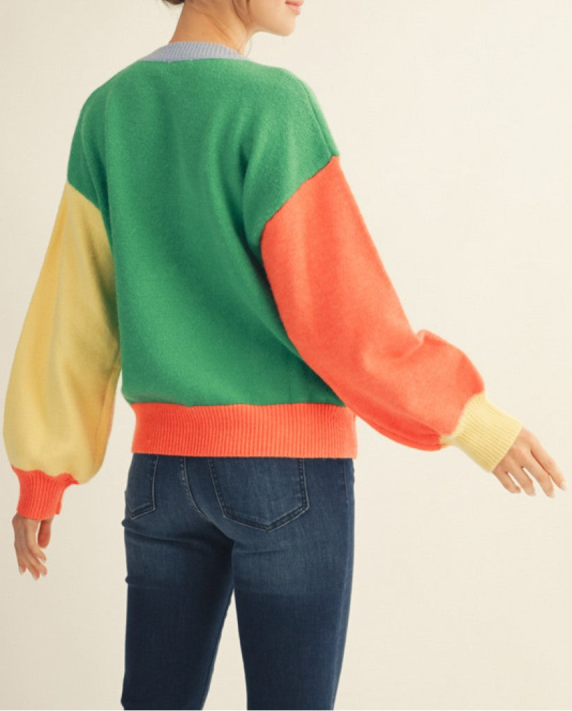 COLOR BLOCK PEARL "MERRY" LONG SLEEVE SWEATER