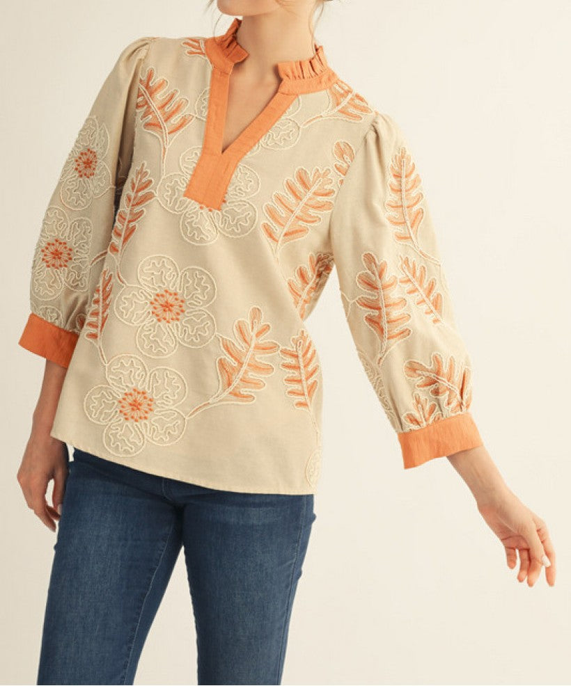 ORANGE/BEIGE EMBROIDERED FLORAL PRINT WITH CONTRAST DETAIL 3/4 SLEEVE TOP
