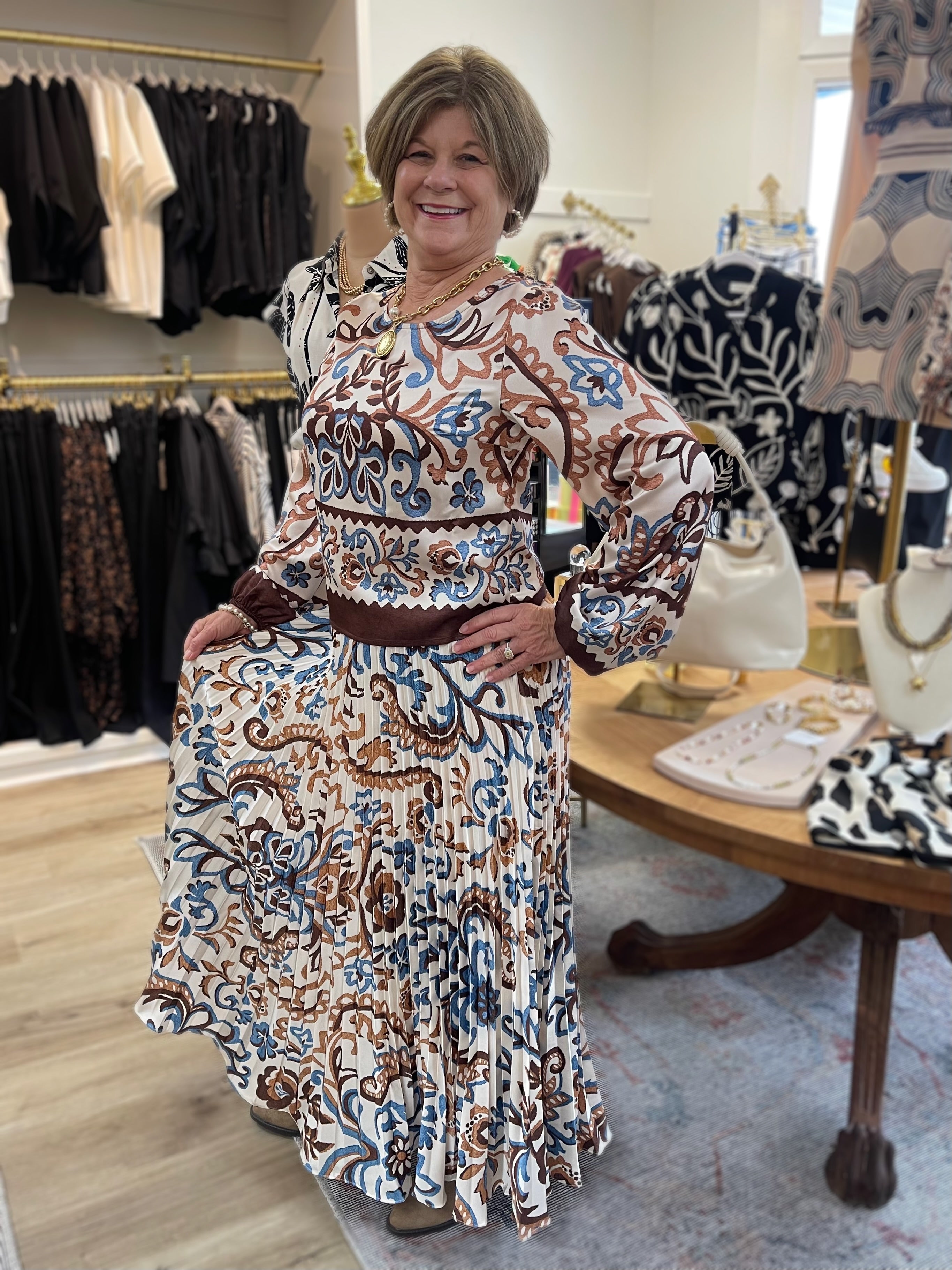IVORY/BROWN/BLUE BOHO PRINT PLEATED MIDI SKIRT
