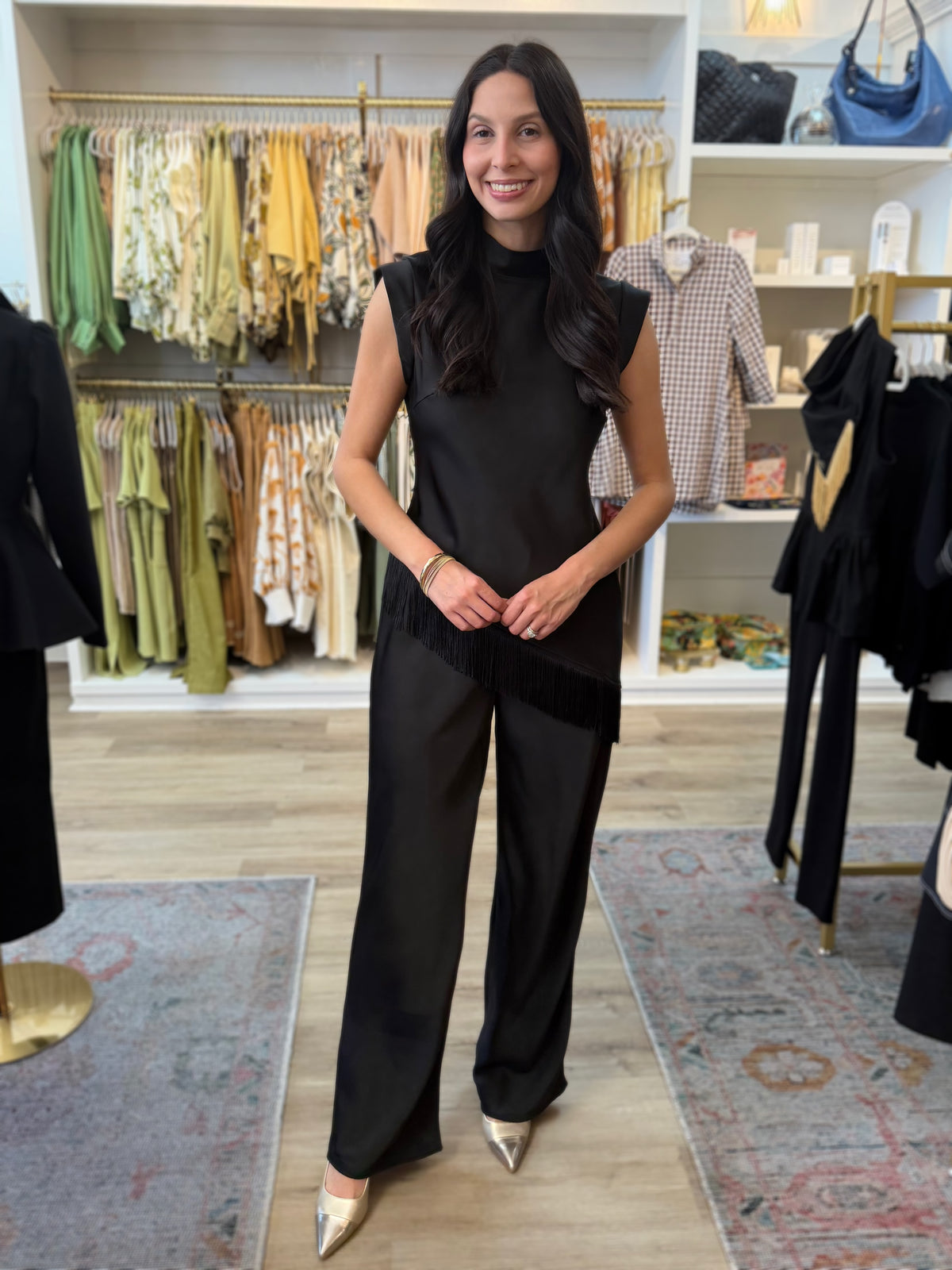 BLACK MOCK NECK ASYMMETIRCAL FRINGE TRIM TOP