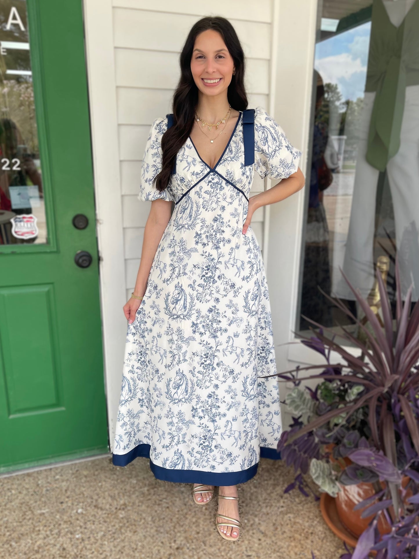 DARK NAVY FLORAL PRINT DEEP VNECK BUBBLE SLEEVE MAXI DRESS