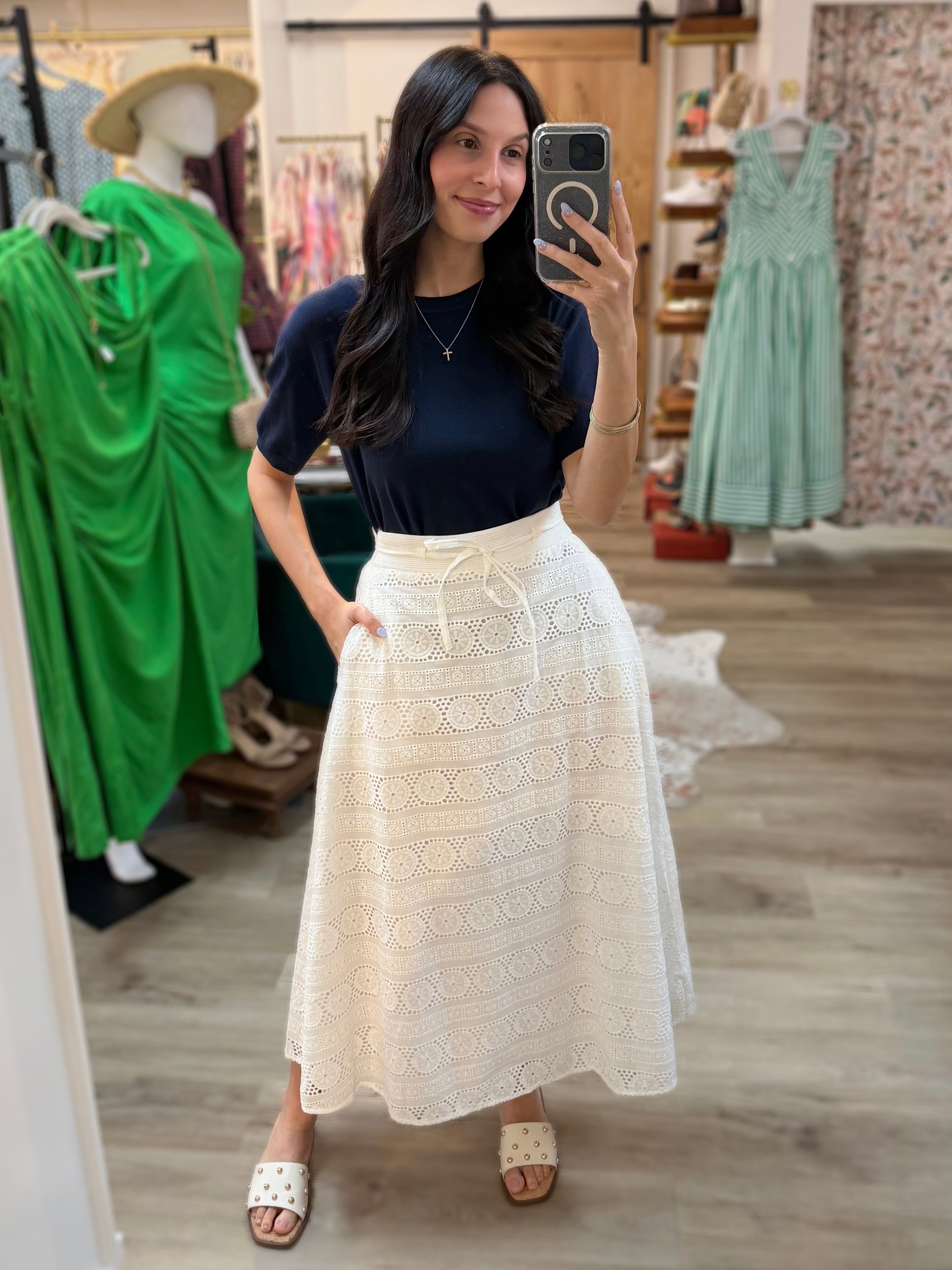 WHITE EYELET EMBROIDERY WAIST STITCH MIDI SKIRT