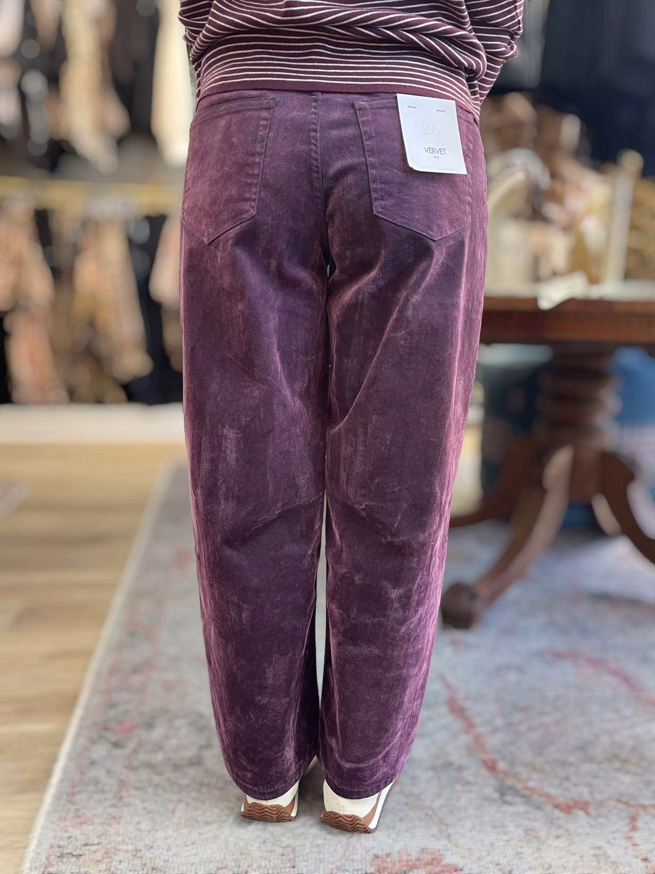 PURPLE FLOCKED HIGH RISE BARREL LEG JEANS