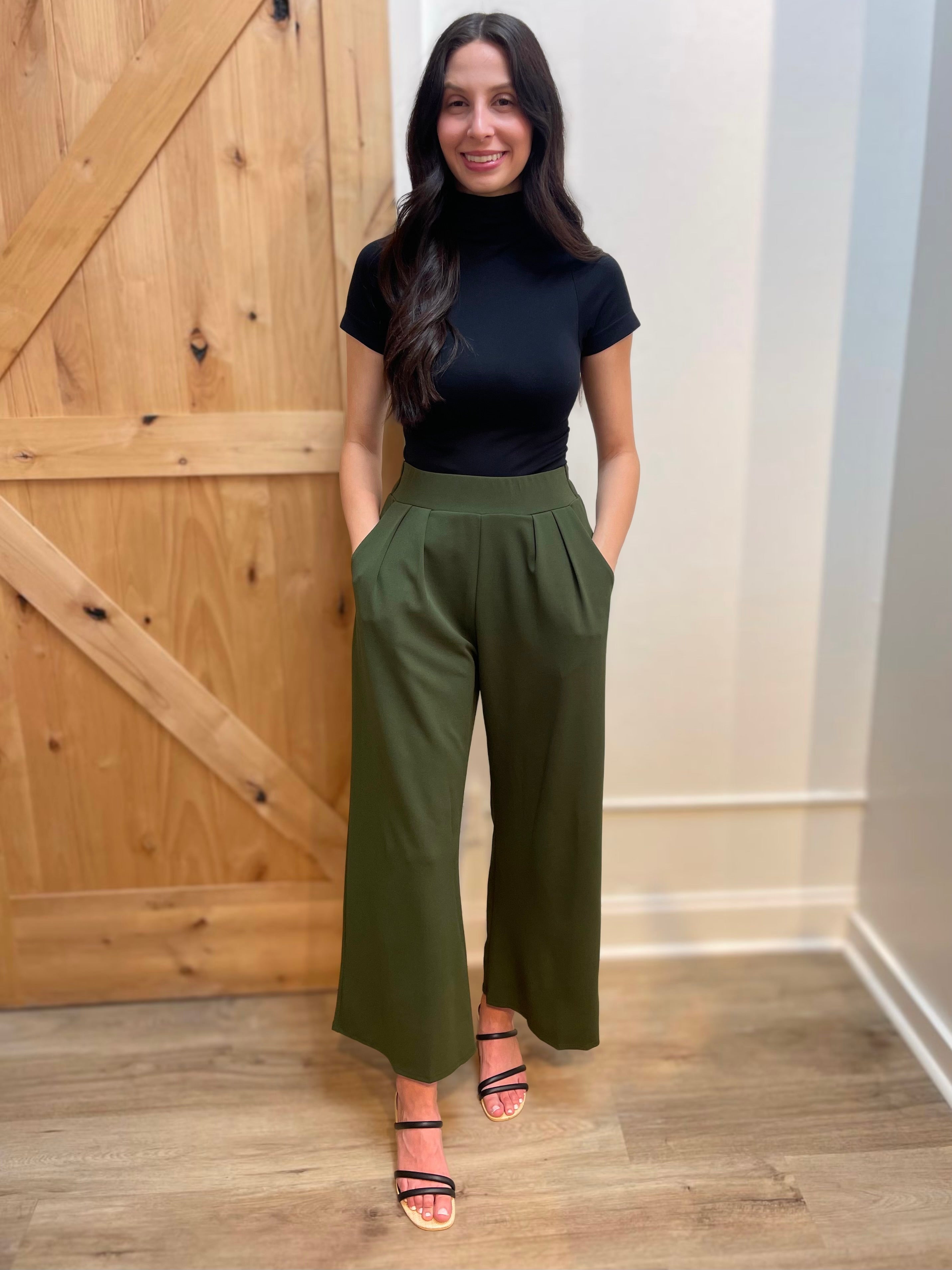 DARK OLIVE STRETCHY HIGH WAIST CREPE WIDE LEG PANTS