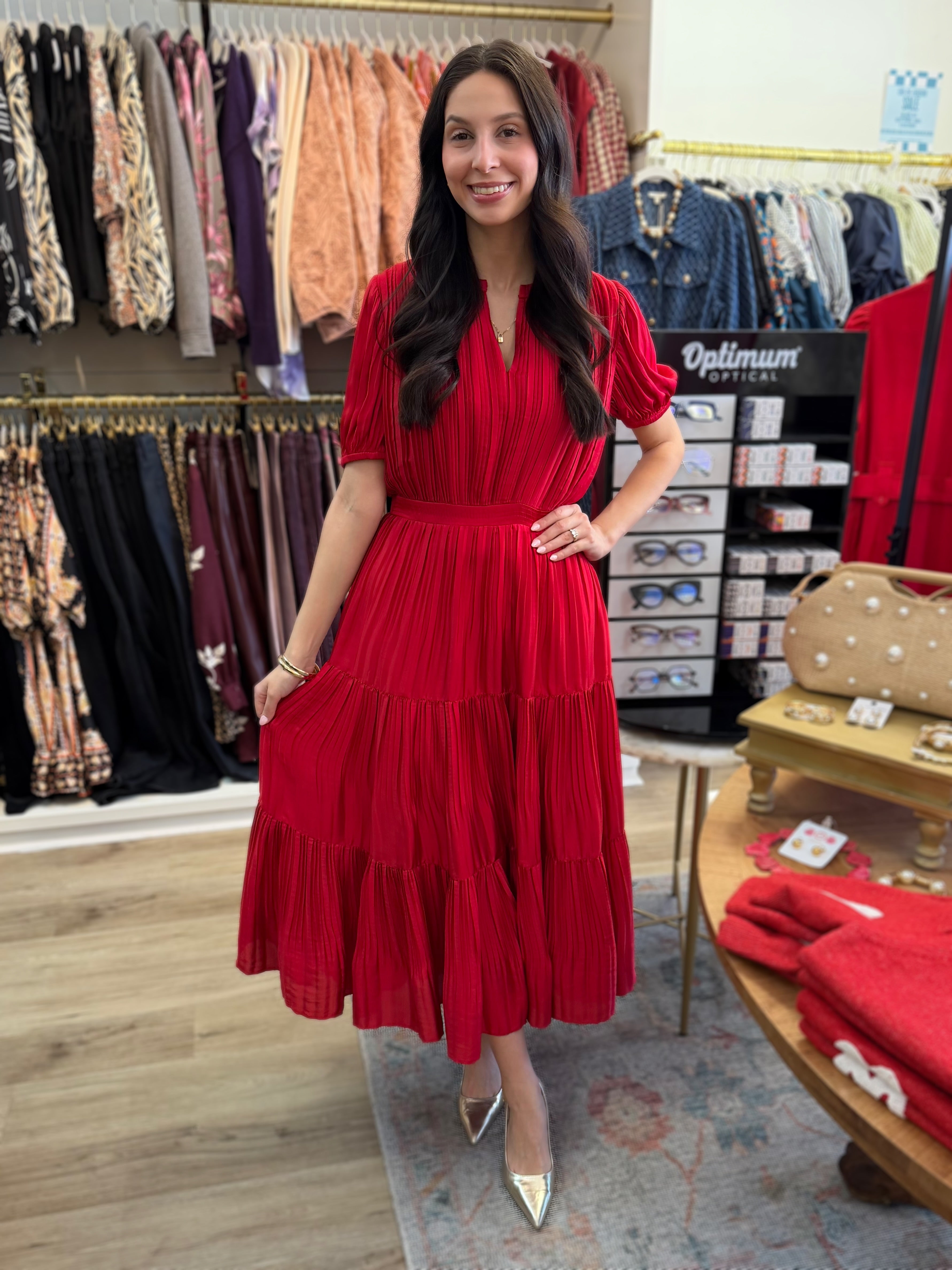 RED PLEATED SPLIT NECK SHORT PUFF SLEEVE TIERED MAXI DRESS