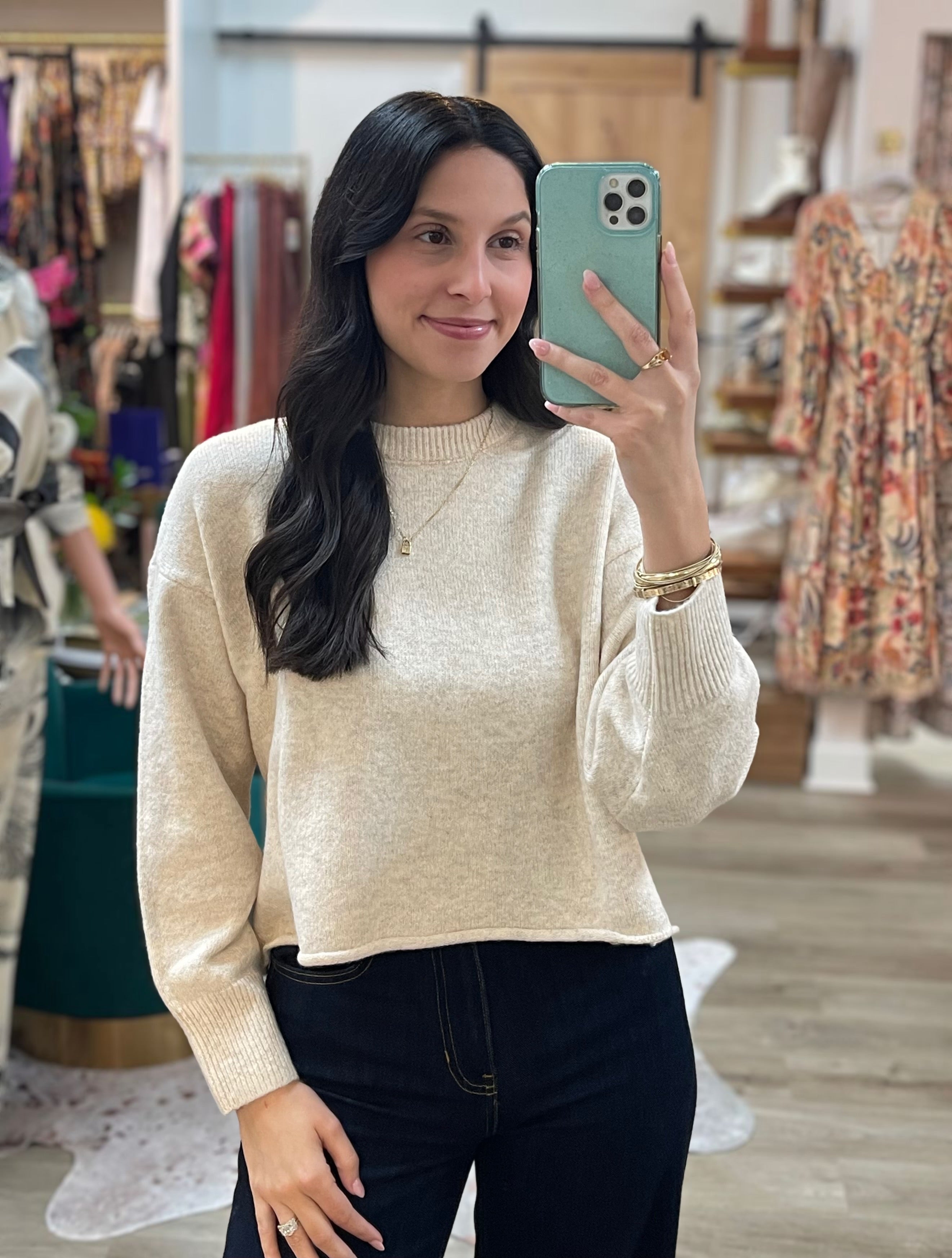 CREAM SOFT KNIT BALLOON SLEEVE SWEATER