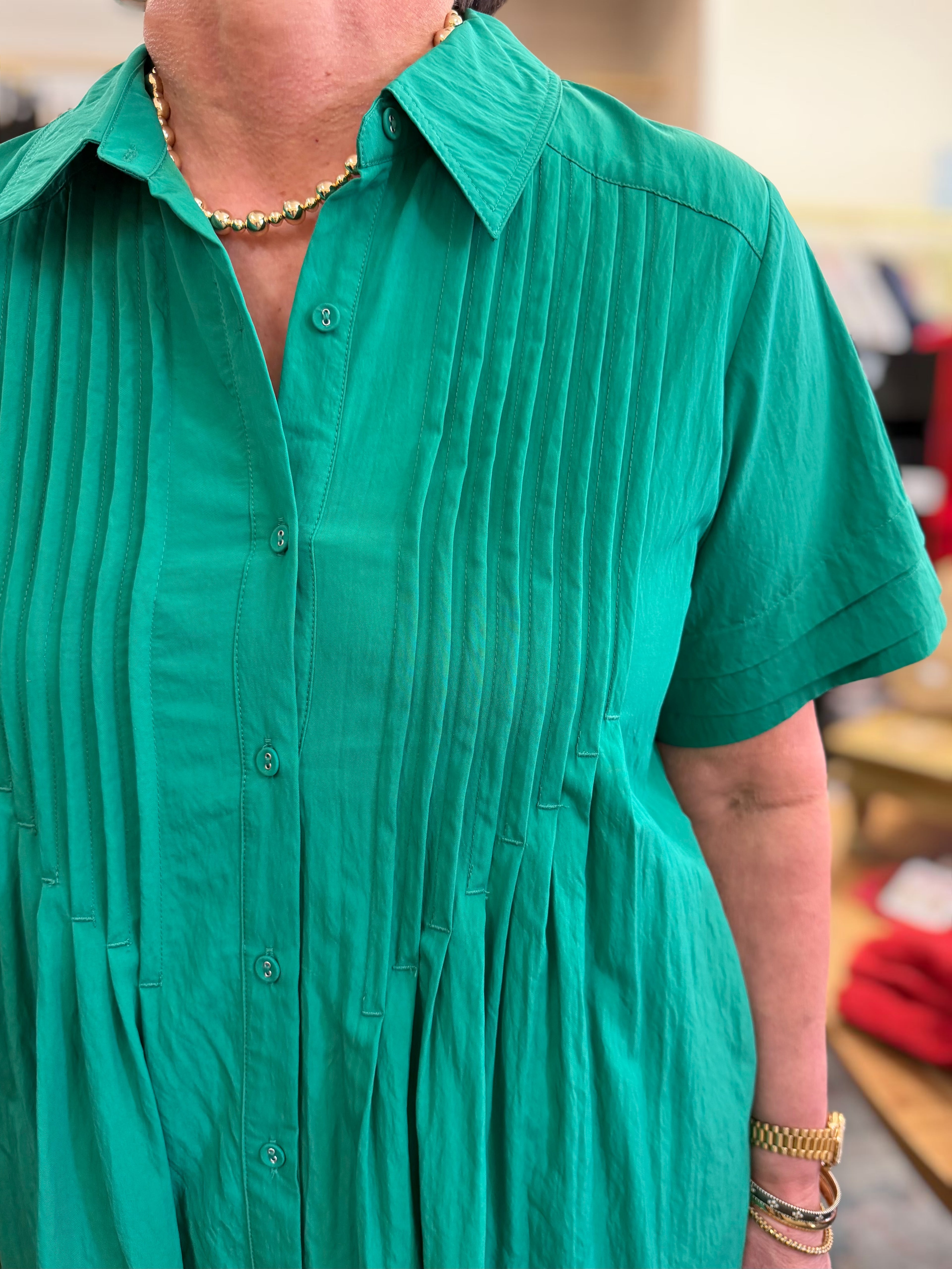 GREEN PINTUCK DETAIL SHORT SLEEVE BUTTON UP SHIRT MINI DRESS
