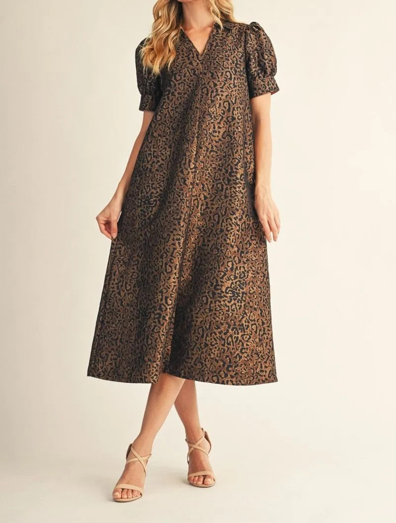 LEOPARD ANIMAL PRINT SHORT PUFF SLEEVE MIDI DRESS