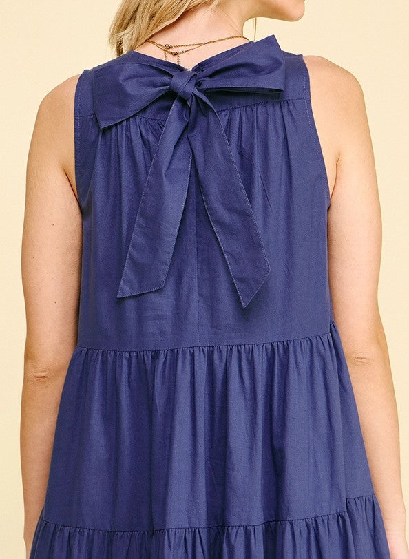 NAVY POPLIN TIERED A-LINE SLEEVELESS MAXI DRESS