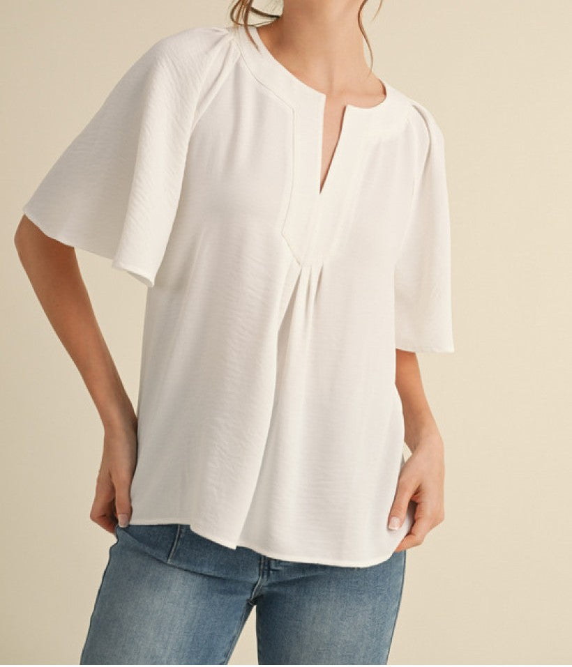 WHITE SLIT NECK HALF CAPE SLEEVE FLOWY BLOUSE