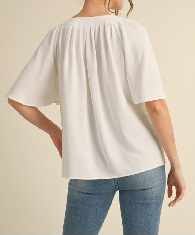 WHITE SLIT NECK HALF CAPE SLEEVE FLOWY BLOUSE