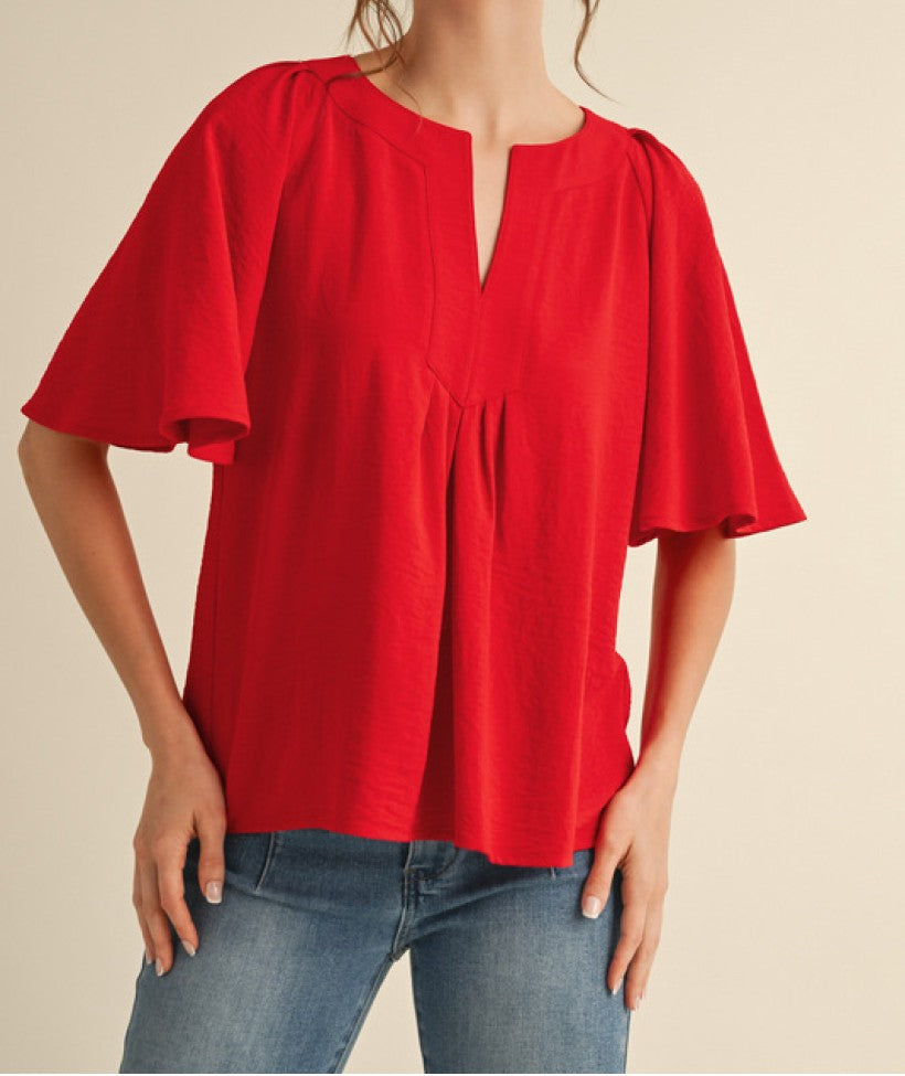 RED SLIT NECK HALF CAPE SLEEVE FLOWY BLOUSE